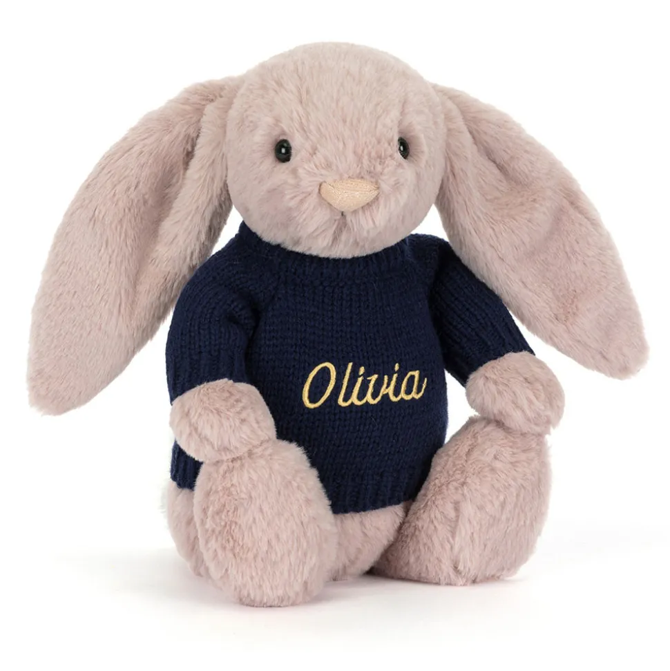 Bashful Luxe Bunny Rosa with Personalised Navy Jumper