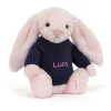 Bashful Pink Bunny with Personalised Navy Jumper